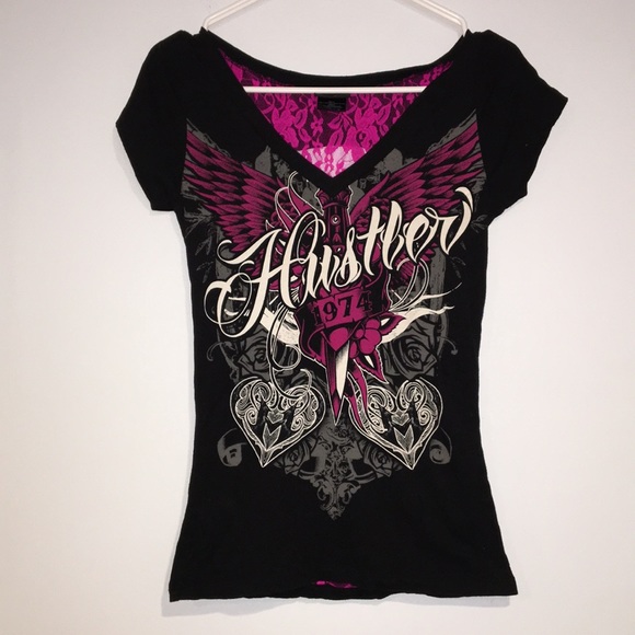 Hustler Hollywood Tops - Hustler Black graphic lace cut out back T-shirt Hustler Hollywood Tops - Hustler Black graphic lace cut out back T-shirt